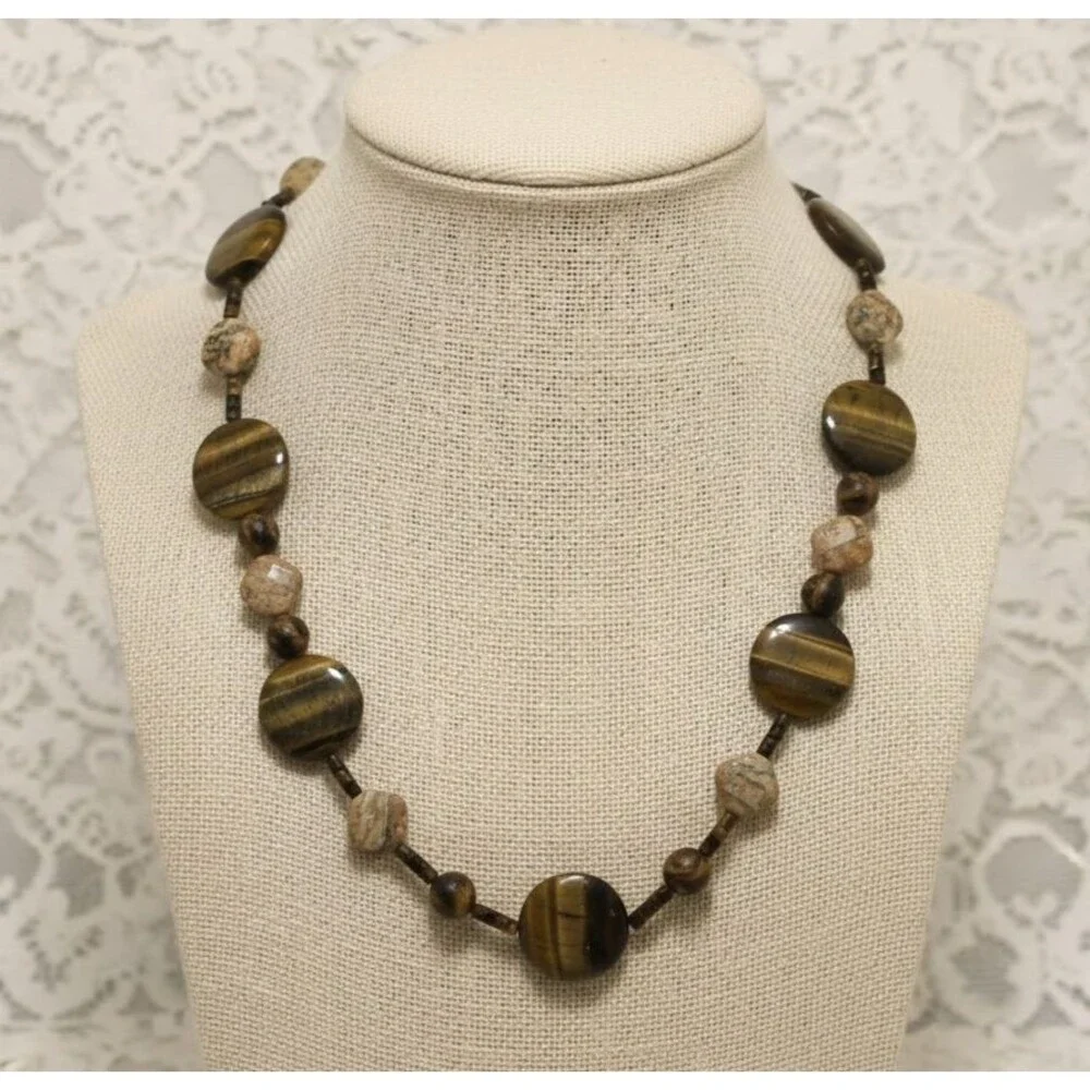 Tigers Eye Stone Bead Necklace Toggle Clasp 24